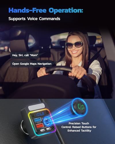 Nulaxy 54W Bluetooth 5.3 Car Adapter with 4 Charging Ports [PD 36W & QC3.0 18W], Wireless Radio FM Transmitter with Deep Bass Player & 5 Colors LED Backlit, Hands-Free Calling - NX16 Black