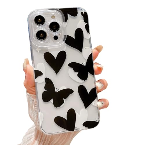 MGQILING Compatible with iPhone 15 Pro Max, Cute Love Heart Butterfly Pattern Clear Case for Women Girls Anti-Drop Protective Transparent case Back Cover-Black