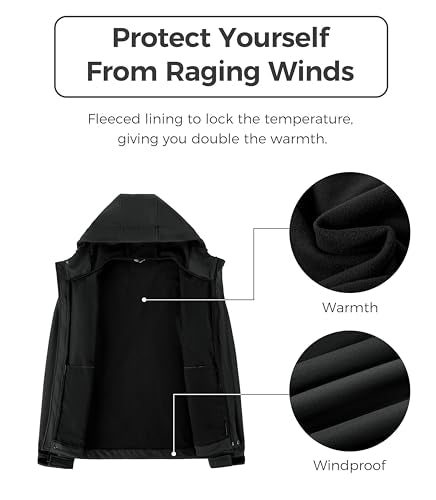 wantdo Men's Fleece Lined Jacket Black Windbreaker rain Jackets with Hood (Black, S)