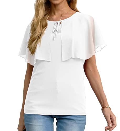 QIXING Womens 2023 Summer Cape Chiffon Flowy Shirt Casual Loose Round Neck Double Layer Elegant Blouses White-S