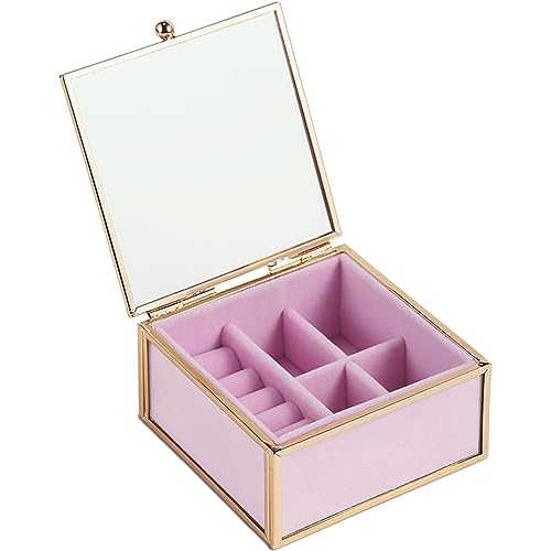 Veki Travel Jewelry Organizer Box, Clear Glass Jewelry Case with Gold Frame for Women Girls, Transparent Display Boxes with Removable Compartment for Earring, Ring, Necklaces, Bracelets (Square)