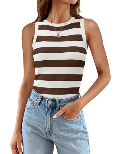 ZESICA Women's Summer Knit Striped Tank Tops 2024 Trendy Crewneck Sleeveless Shirts Brown S