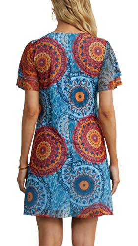 QIXING Women's Summer Casual Loose Mini Dress V-Neck Bell Short Sleeve Double Layer Shift Dress FP Mix Blue-S-6