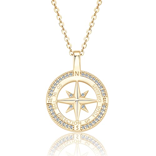 Compass Necklace for Women, 925 Sterling Silver with 18K White Gold/ Gold Plating Compass Pendant Jewelry Cubic Zirconia Unisex College for Masters Degree Graduation Birthday Christmas Ideas Gift
