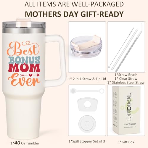 LiqCool Bonus Mom Birthday Gifts - 40 Oz Best Bonus Mom Ever Tumbler Gifts for Step Mom from Daughter Son, Unique Popular Stepmom Mother's Day Birthday Gift Ideas Cup(Cream)