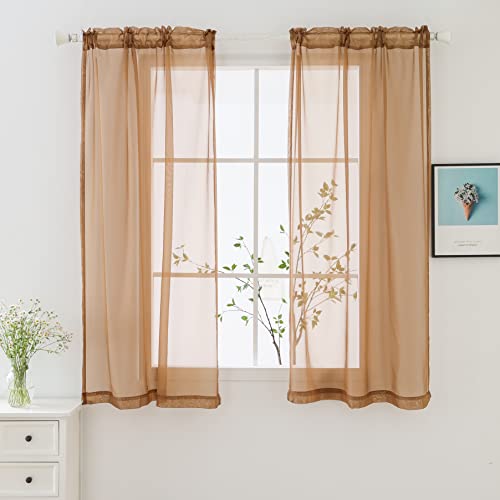 bestselected Window Brown Sheer Curtains, W42 x L36 Inches Each 2 Panels Sheer Curtain Basic Rod Pocket Panel for Bedroom Children Living Room Yard Kitchen (W42 x L36, Brown)