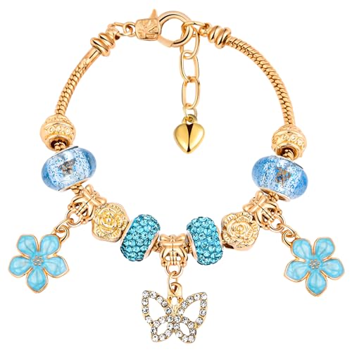Charm Bracelet for women Christmas Gifts, with Crystal and Heart Shape Glass Beads Sliver CZ Cross Snake Chain Bracelet, Trendy Charm Bracelet Jewelry Gifts for Women(blue)
