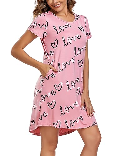 EISHOPEER Night Shirts for Women Short Sleeve Sleep Shirt Cute Print Sleepwear Soft Nightgown with Pockets Pink S