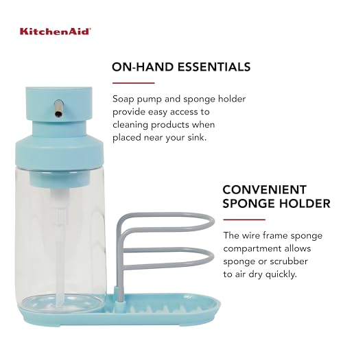 KitchenAid Refillable Soap Pump and Sponge Caddy with Rust Resistant Wire and Open Air Wire for Quick Drying, 12 Ounce, Mineral Water