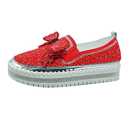 Women Casual Fashion Platform Rhinestones Glitter Slip On Sneakers Cute Bowknot Flat Walking Loafers Platform Dress Shoes Red 36 6