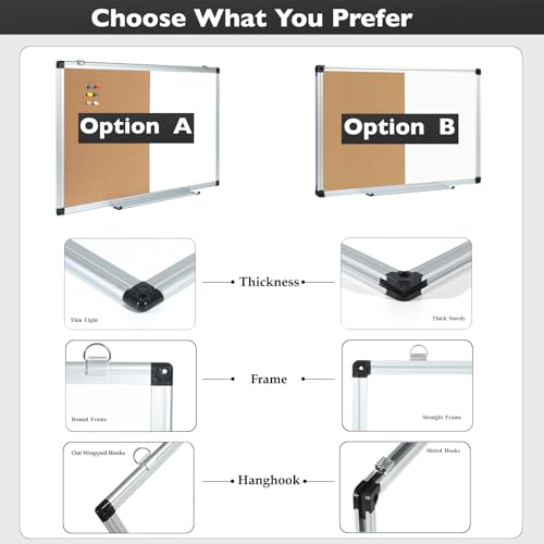 DumanAsen Combination Whiteboard & Cork Board Bulletin Board, 16 x 24 inches Magnetic Whiteboard and pin Boards for Wall, Includes Markers, Eraser, Pen Tray, 6 Pushpin (Combination A)