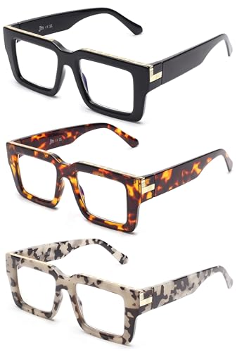 JM 3 Pack Oprah Style Reading Glasses for Women Men, Fashion Square Blue Light Blocking Readers +0.0