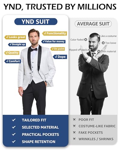 YND Men's 3 Piece Slim Fit Tuxedo Suit Set, One Button Shawl Collar Floral Business Blazer Jacket Vest Pants with Bow Tie, Black