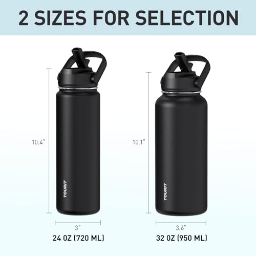 TOURIT 24 oz Insulated Water Bottle, Stainless Steel Water Bottles With Straw, Double Wall Vacuum Insulation for Cold and Hot Drinks, Leak Proof BPA Free Water Flask for Sports and Travel, Black