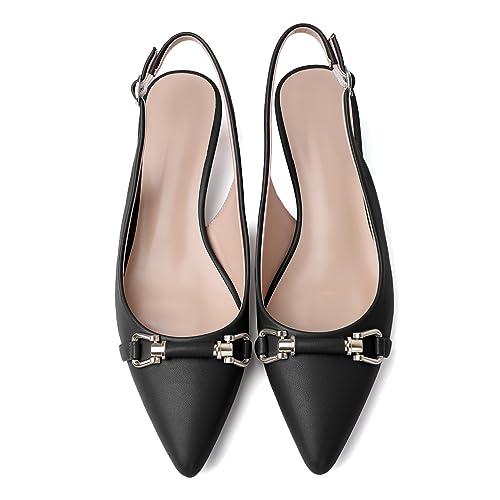 AUMOTED Women Kitten Slingback Low Heel Pumps with Buckle Bow Ankle Strap Pointed Toe Dress Shoes 1.6 Inch Patent Ocean Blue US Size 8.5