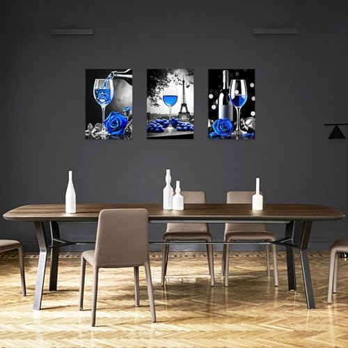 DOARTDO 3 Piece Wine Wall Art Black and White With Blue Kitchen Painting Wine Rose Prints Eiffel Tower Canvas Pictures Dining Room Home Decor (11x14inchx3P, Blue)