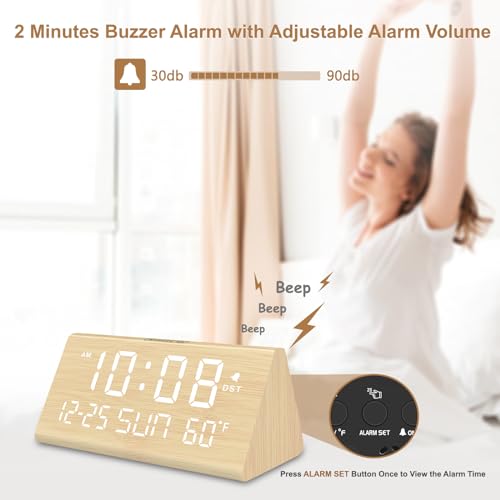 DreamSky Digital Alarm Clocks for Bedrooms - Wooden Desk Clock with Date, Day of Week, USB Port, Temperature, Dimmer for Bedside Table, Living Room, Office, Adjustable Volume, Auto DST, Wood Decor