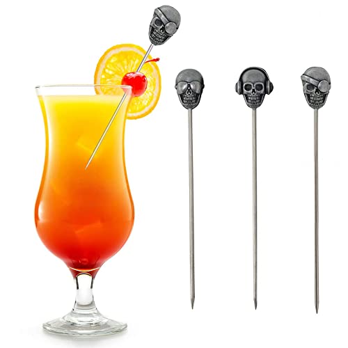 Stainless Steel Cocktail Picks Skull,Metal Martini Sticks,Fruits Toothpicks,Reusable Garnish Skewer Drinks Sandwiches Appetizers Olives Fruits Barbecue Snacks of 5 Pieces (Ancient Silver)