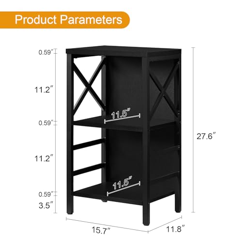 MNEETRUNG Small Bookcase,3 Tier Industrial Short Bookshelf with Metal Frame and Backboard,Low Black Bookshelf, Small Office Book Shelf for Small Spaces, Living Room, Bedroom and Home Office