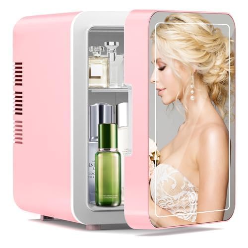 KOSGHO Skincare Fridge with Dimmable LED Mirror (4 L/6 Can), Makeup Mini Fridge for Bedroom, Dorm and Car, Cooler and Warmer, Portable Small Refrigerator for Cosmetics, Skincare and Food, Pink