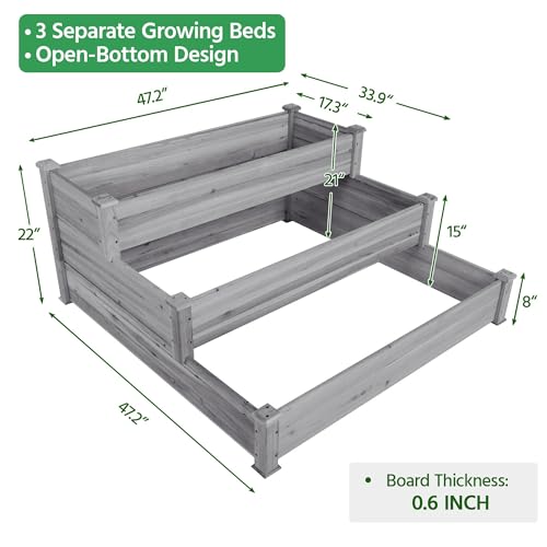 Yaheetech 3 Tier 47 x 47 x 22in Raised Garden Bed Horticulture Outdoor Elevated Flower Box Tiered Garden Bed Wooden Vegetables Growing Planter for Backyard/Patio/Gardener, Gray