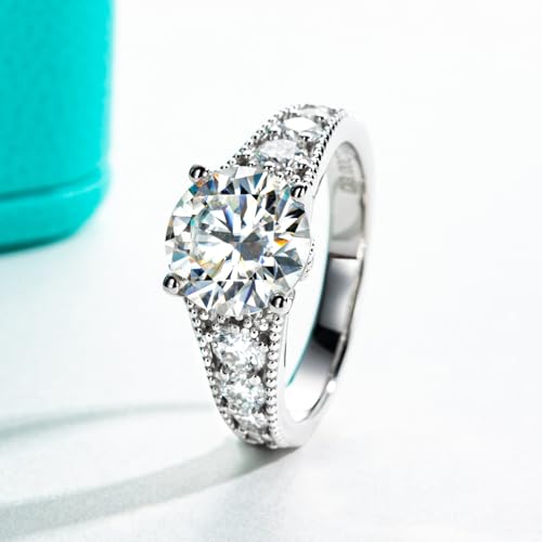 AnuClub 3.8cttw Round Cut Halo Moissanite Engagement Rings D Color VVS1 Round Cut 14K White Gold Plated 925 Sterling Silver Anniversary Wedding Promise Ring, Christmas Gift for Women 10