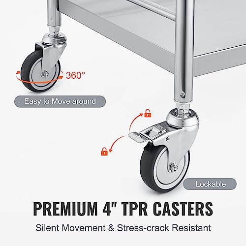 VEVOR Medical Cart, 2 Layers Stainless Steel Cart 220 lbs Weight Capacity, Lab Utility Cart with 360° Silent Wheels and a Drawer for Lab, Clinic, Kitchen, Salon, Silver