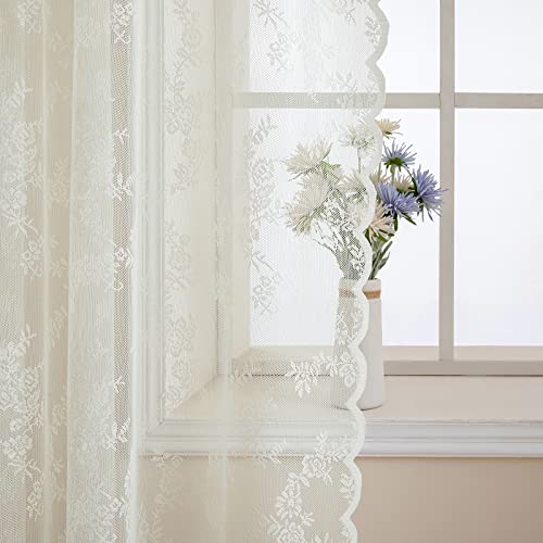 MIULEE White Lace Curtains 84 Inches Long for Living Room Bedroom, Scalloped Sheer Curtains Rose Floral Embroidered Farmhouse Window Drapes Vintage European Tulle Retro Style, Rod Pocket, 2 Panels Set