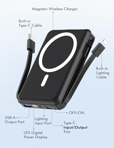 podoru for Magsafe Battery Pack, 10000mAh Magnetic Power Bank Built-in USB C Lighting Cables 22.5W PD Fast Charging LED Display Wireless Portable Charger for iPhone 16/15/14/13/12/ All Series-Black