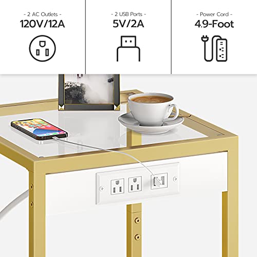 HOOBRO Side Table with Charging Station, End Table with USB Ports, Nightstand for Tight Spaces, Tempered Glass, Modern Metal Frame, for Office, Bedroom, Living Room, Study, Gold GD76UBZ01