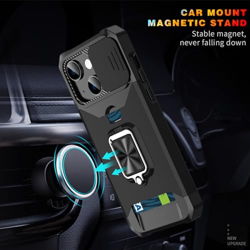 Phone Case Compatible for iPhone 15 Case Silicone Cover with Window Slide, Camera Protection, Card Holder Rotatable Ring Kickstand Magnetic Bumper Heavy-Duty Protector Solid Shockproof-Black