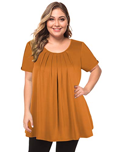 MANER Women's Plus Size Tops Short Sleeve Flowy Shirts Casual Blouses Tunic Tops L-4XL(Orange, Large)