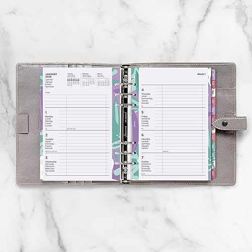 Filofax Calendar Diary Refill, A5 Size, Week-to-View, Illustrated Floral Diary Pack with Four-Color Print Design, Multilingual: Five Languages, 2024 (C6351-24)