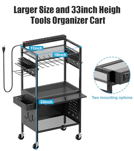 CCCEI Garage Power Tools Organizer Cart with Charging Station, Floor Standing Drill and Tools Battery Storage Cart with Cabinet. Utility Rack Gift for Men, Husband, Father Red.