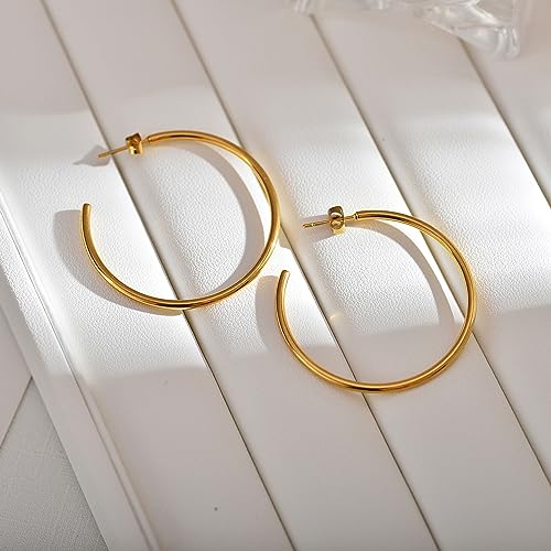 14K Gold Hoop Earrings for Women, Hypoallergenic Open Hoops, Non-Nickel Titanium Earrings for Sensitive Ears, 2mm Thin Hoop Lightweight Earrings (30mm-Gold)
