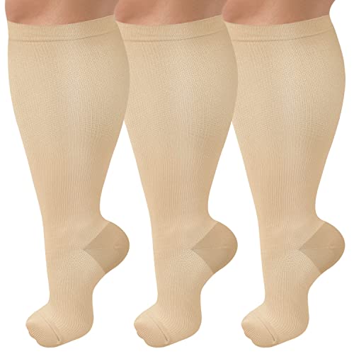 3 Pack Wide Calf Copper Compression Socks for Women & Men, Plus Size Knee High Stockings for Circulation Support, Copper Black, 3XL