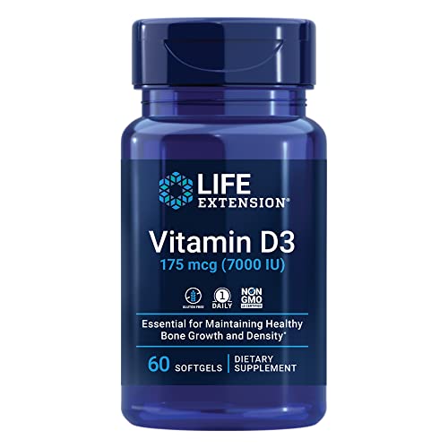 Life Extension Vitamin D3 175 mcg (7000 IU), immune system support, bone health, brain performance, gluten-free, non-GMO, once daily, two-month supply, 60 softgels