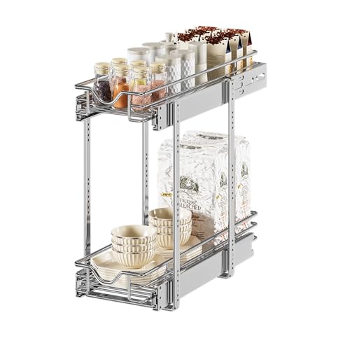 DINDON Pull Out Cabinet Organizer (7-1/2" W x 21-1/2"D), Cabinet Pull Out Shelves, 2 Tier Pull Out Drawers for Kitchen Cabinets, Wire Basket Slide Out Shelf for Cabinet Organization