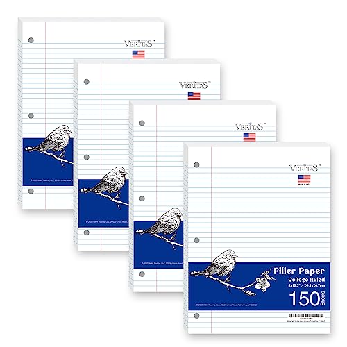 WritePads Notebook paper Loose Leaf Paper,Standard 8"x10-1/2" College Ruled Filler Paper, 3 Hole Punched Binder Paper For 3 Ring Binder, 150 Sheets/Pack, 4 Pack White (F60001C)