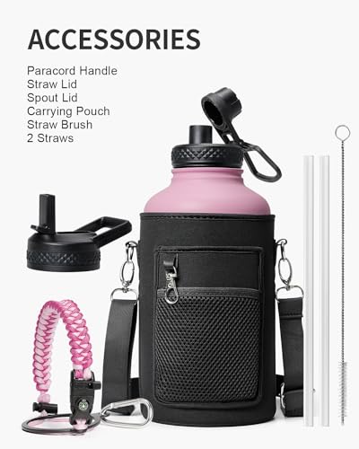 Topre Half Gallon Water Bottle,64oz Insulated Water Bottle Stainless Steel Vacuum,Cold for 48 Hrs,BPA-Free & Leakproof -with Paracord Handle,Strap,Straw Spout Lids,Big Flask Jug for Gym Sports,Pink