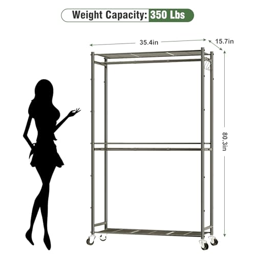 Neatrays Rolling Clothes Rack for Hanging Clothes, Metal Clothing Garment Rack with Double Rods & 3 Wire Shelves, Portable Wardrobe Closet with Wheels