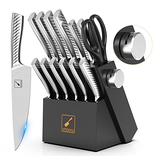 imarku Knife Set, 14PCS Knife Sets for kitchen with block, One-Piece Kitchen Knife Set with Built-in Sharpener, Stainless Steel Chef Knife Set with Lightning Stripes Handle, Dishwasher Safe(Black)