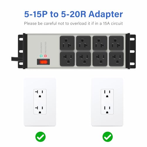 CCCEI Black Heavy Duty Power Strip Surge Protector 20 AMP, 8 Outlets 12 Gauge Industrial Shop Garage Metal Multiple Outlets, 6 FT Extension Cord 5-15P Adapter High Amp 6-20R T-Slot 20a for Appliance