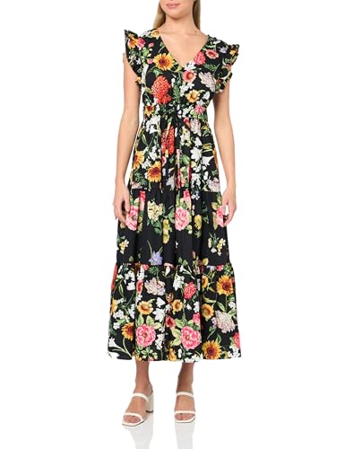 Anne Klein Women's Drawstring Waist Maxi with Ruffle SLVS, Anne Black Multi
