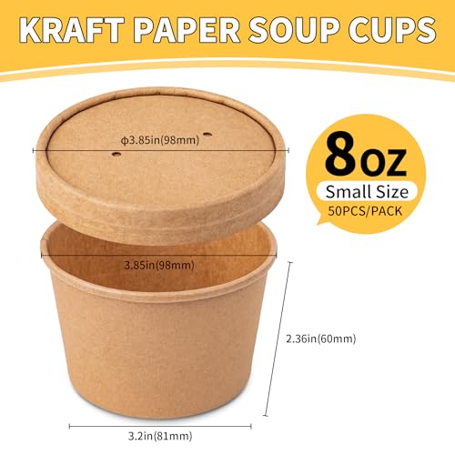 PakTalk Paper Soup Containers with Lids, 50 Pack Brown Soup Bowls Biodegradable Ice Cream Cups with LidS for Hot Soup or Ice Cream (50 sets, 8 oz)