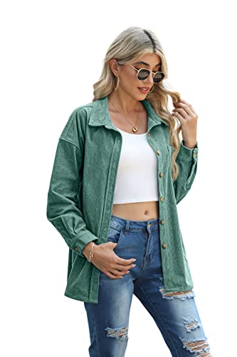 QIXING Womens 2024 Corduroy Button Down Shirt Casual Oversized Long Sleeve Blouses Tops Green-M
