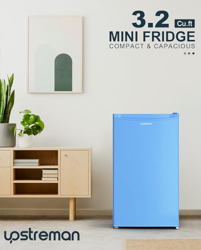 Upstreman 3.2 Cu.Ft Mini Fridge with Freezer, Single Door Mini Fridge, Dorm Fridge, Adjustable Thermostat, Mini Refrigerator for Bedroom, Office, Dorm, Blue-BR321