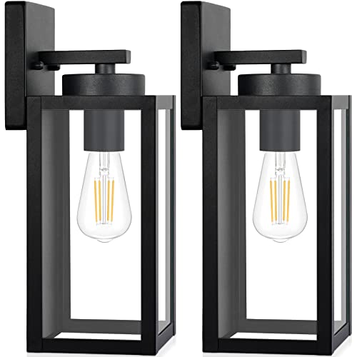 Outdoor Wall Light Fixtures, Exterior Waterproof Wall Lanterns, Bronze Porch Sconces Wall Mounted Lighting with E26 Sockets & Glass Shades, Modern Wall Lamps for Patio Front Door Entryway, 2-Pack