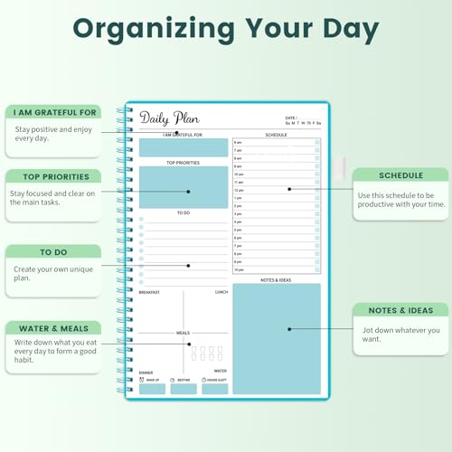 Daily Planner Undated - to Do List Notebook with Hourly Schedule, Hourly Planner, 7’’ x 10’’ Spiral Appointment Planner to Stay Organized, Flexible Hardcover, Inner Pocket