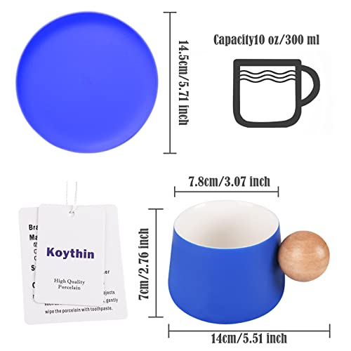 Koythin Ceramic Coffee Mug with Saucer Set, Cute Creative Cup with Round Wooden Handle Design for Office and Home, 10 oz/300 ml for Latte Tea Milk (Bright Blue)